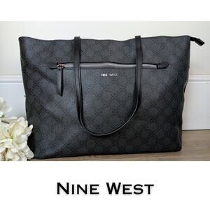 Nine West Large Tote Bag Charcoal Black Logo Monogram Print Laptop Work Pockets